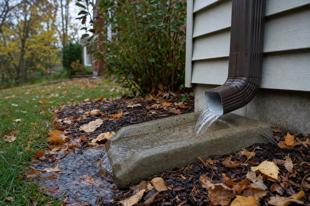 Brown downspout pouring clear water onto a concrete splash block in a leafy mulch bed