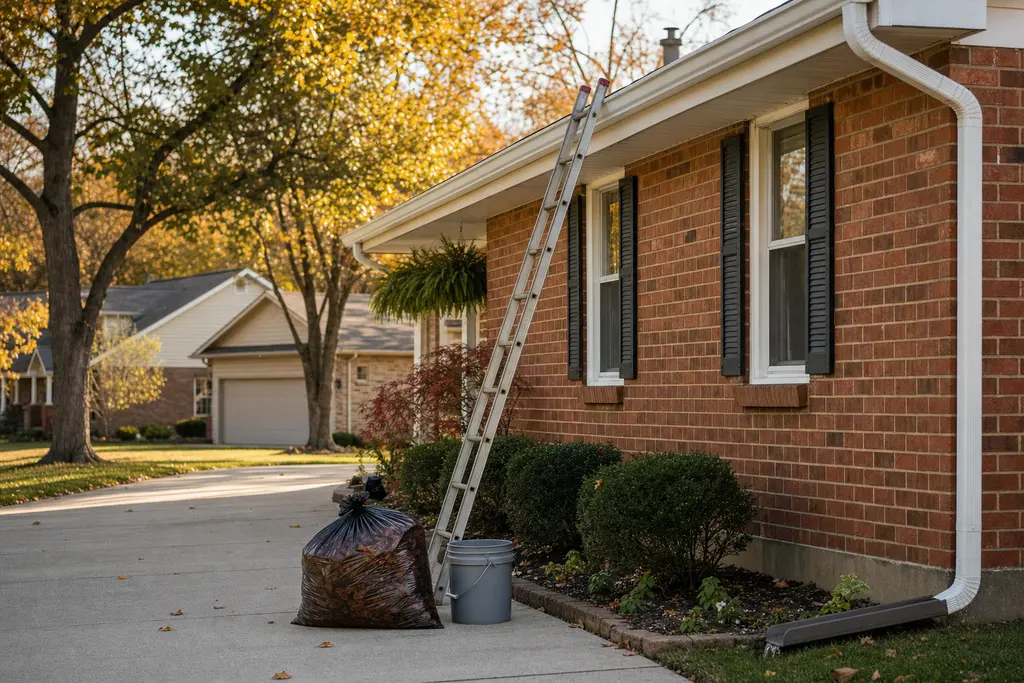 Ladder against a brick ranch with a bucket and a tied bag of leaves on a clean driveway