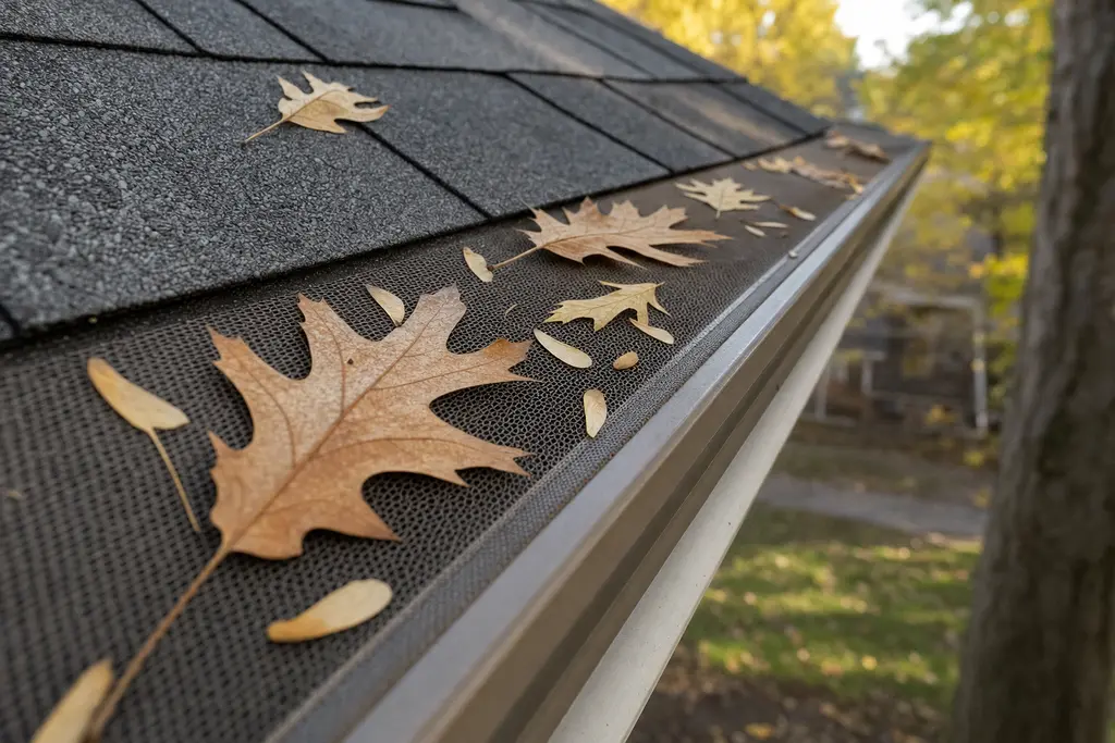 Fine metal mesh gutter guard with dry oak leaves and maple seeds resting on top