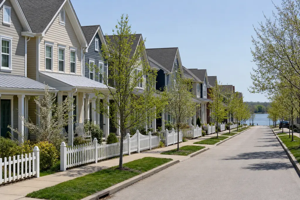 Street of newer two-story houses with front porches, picket fences and young street trees