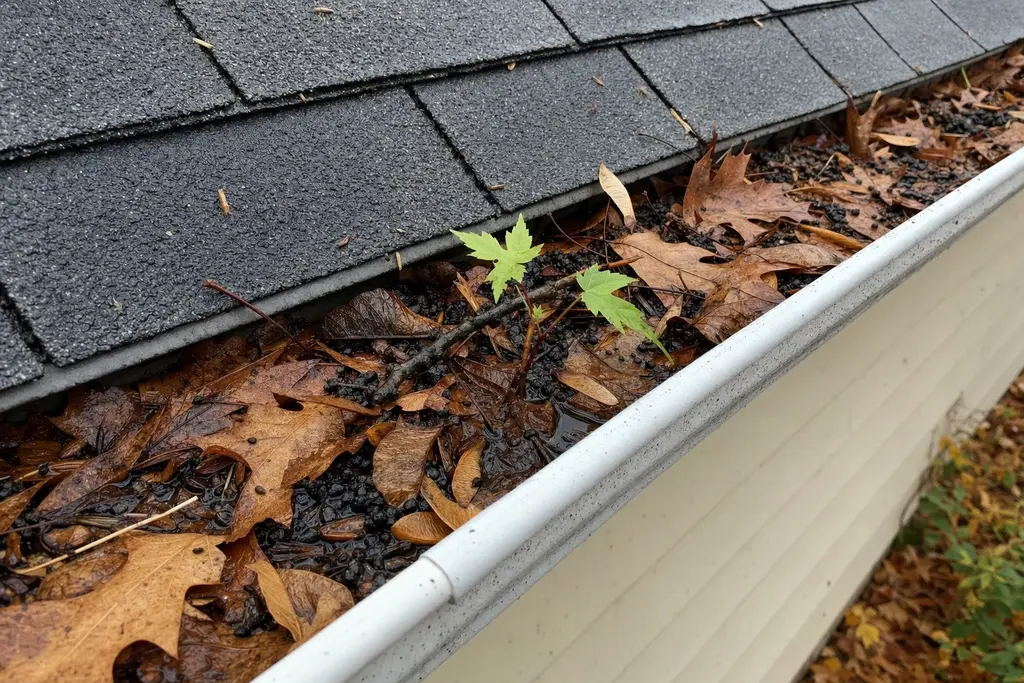 Gutter packed with wet oak leaves, maple seeds and shingle grit, a seedling growing in it