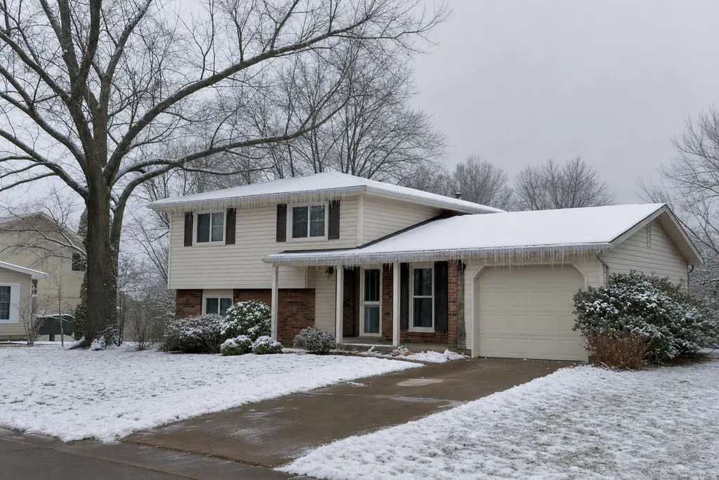 Split-level house in January with snow on the roof and icicles hanging along the gutters