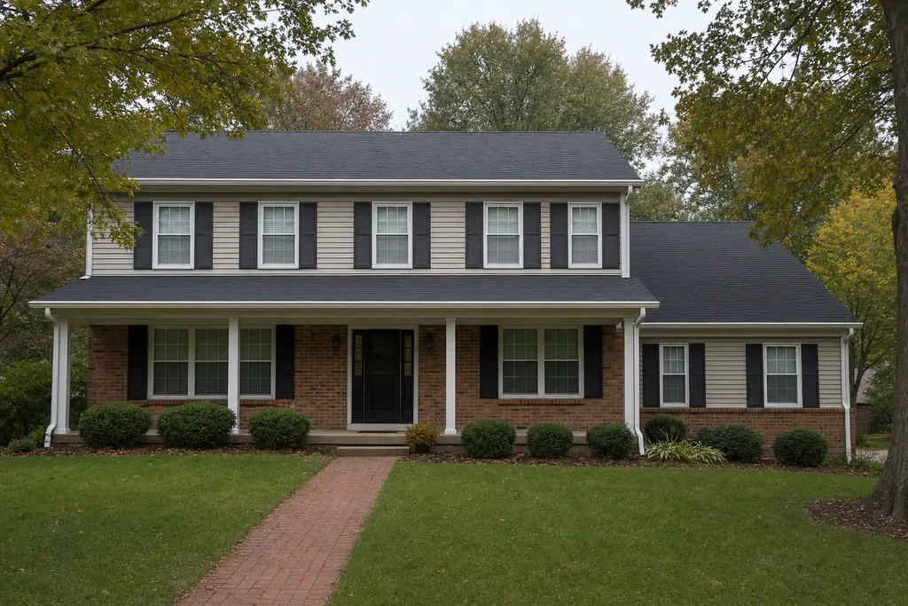Two-story colonial with brick and siding, gutters on the main roof and the porch roof, three downspouts